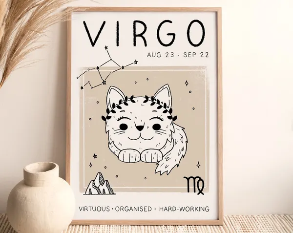 Virgo Cat Zodiac Star Sign Art Print, Boho