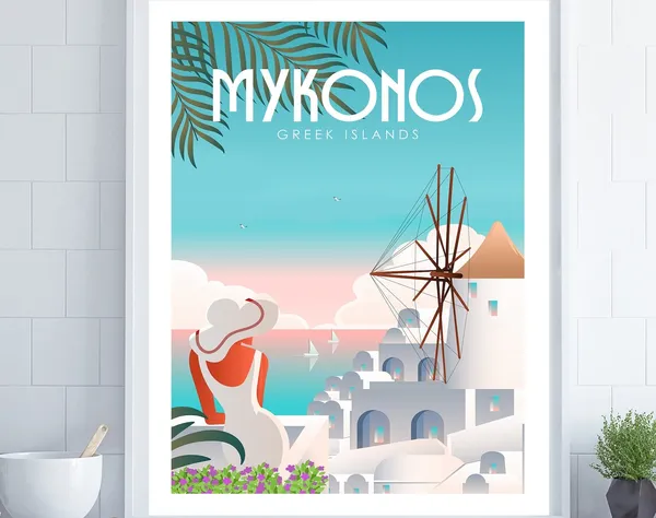 Mykonos Retro Travel Poster, Greek Wall Art