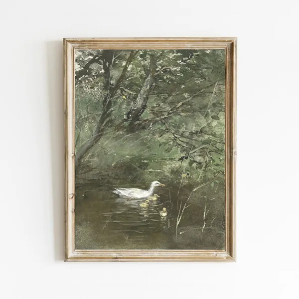 Duck Painting Spring Landscape, Farmhouse Art Print