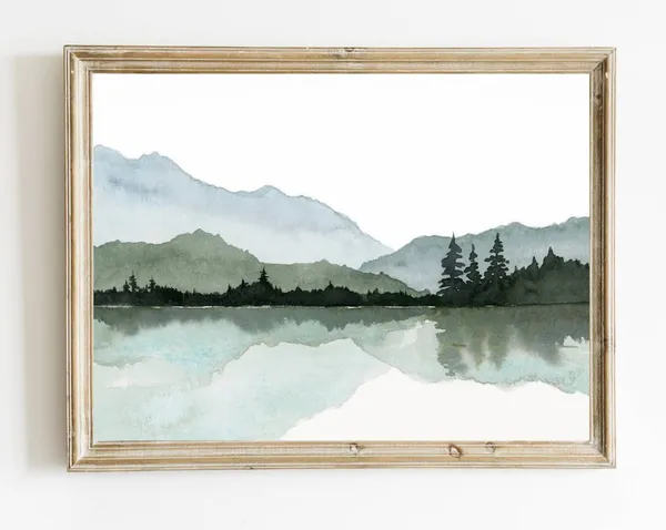 Mountain Lake Watercolor Art Print, Minimalist Decor
