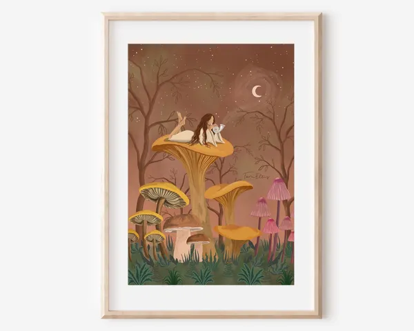 Earth Song Mushroom Poster, Whimsical Boho Folk Art