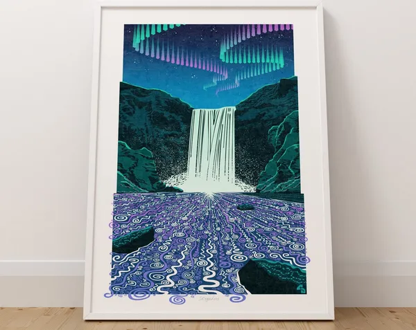 Skogafoss Aurora Iceland Travel Poster, Waterfall