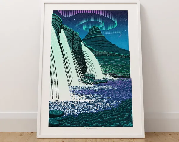 Kirkjufellsfoss Aurora Northern Lights Iceland Travel Poster