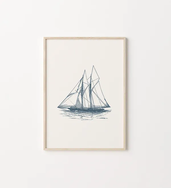 Sailboat Print, Vintage Modern Coastal Art