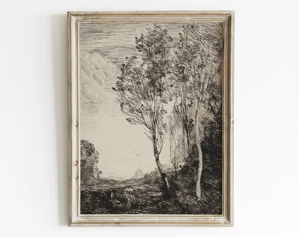 Vintage Tree Landscape Ink Drawing, Antique Sketch Print