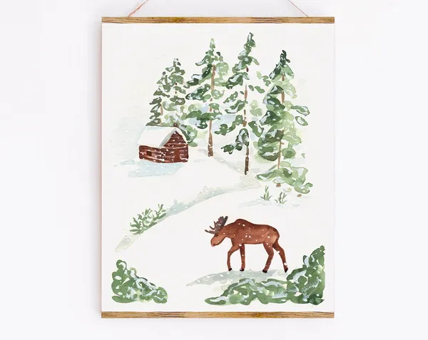 Winter Cottage Art Print, Canadian Moose Landscape