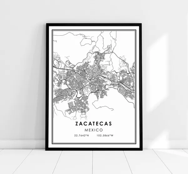 Zacatecas Mexico Map, City Travel Poster