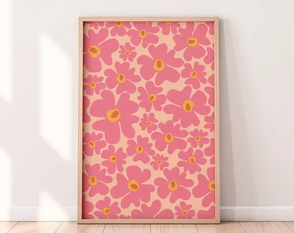 Wavy Flowers Pink Preppy Abstract Wall Art Print