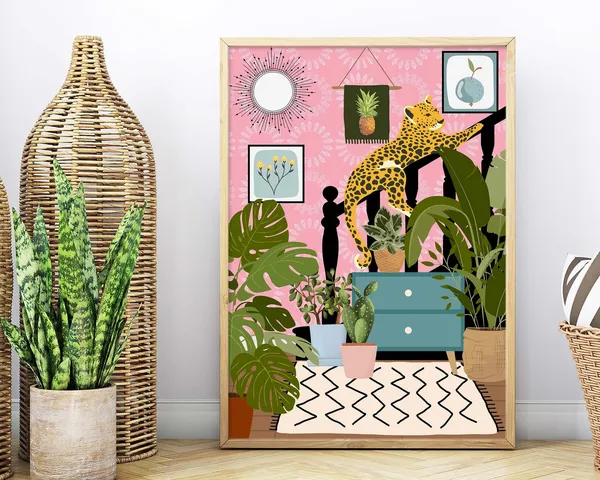 Botanical Leopard Art Print, Boho Tropical Eclectic