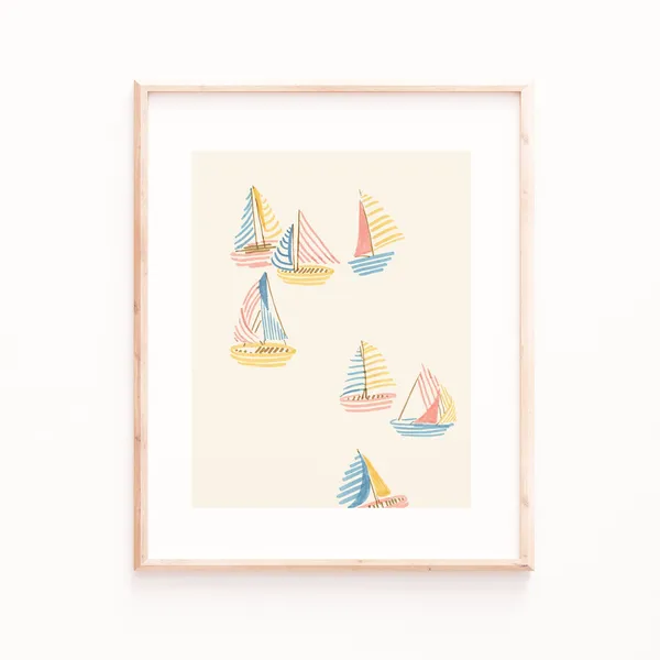 Striped Sailboats Art Print, Neutral Nautical Decor