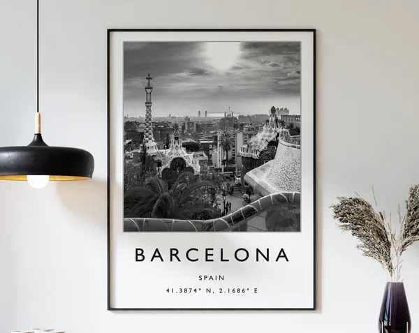 Barcelona Travel Poster, Minimalist Black and White