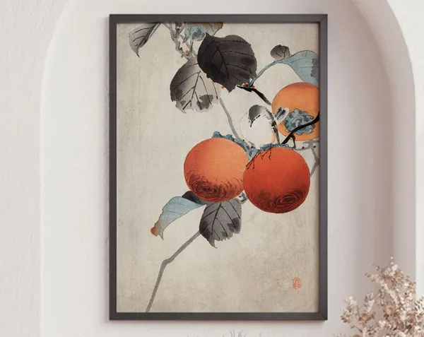 Ohara Koson Nuthatcher Atop Persimmons Vintage Art Print