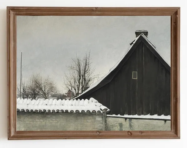 Vintage Snowy Church, Winter Farmhouse Art Print