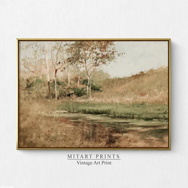 Vintage Countryside Landscape Art Print, Rustic Meadow