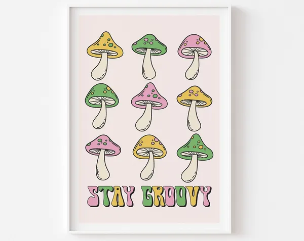 Stay Groovy Pastel Mushroom Print, Y2K Retro Art