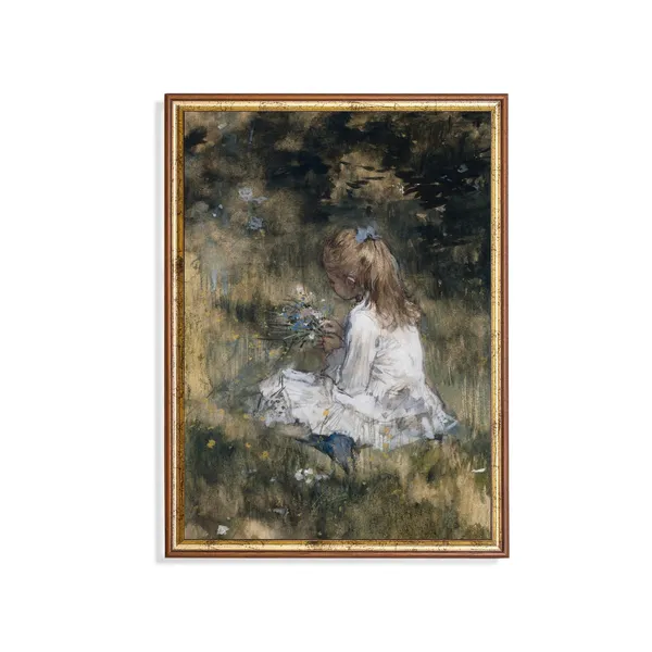 Vintage Girl Portrait With Flowers, Rustic Art Print