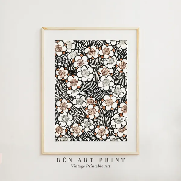 Antique Japanese Woodblock Floral Pattern Art Print