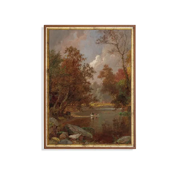 Vintage Autumn Riverscape Art Print, Rustic Landscape