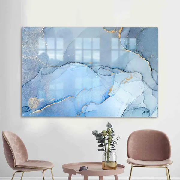 Glass Printing Wall Art, Gold Alcohol Ink Blue