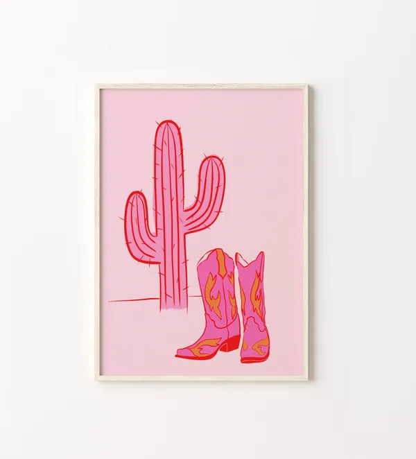 Pink Cactus Art Print, Desert Succulents Cowgirl