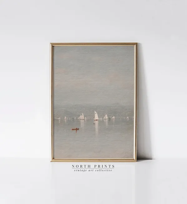 Vintage Lake House Coastal Painting Sailboat Art Print