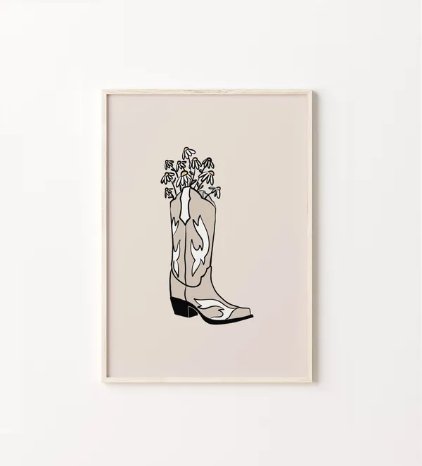 Cowgirl Boot Art, Boho Western Wildflower Print