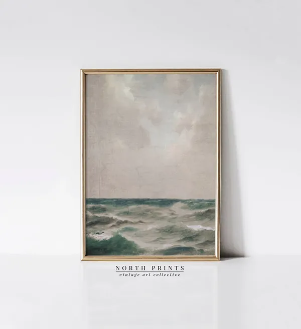 Moody Coastal Vintage Painting, Ocean Seascape Art Print