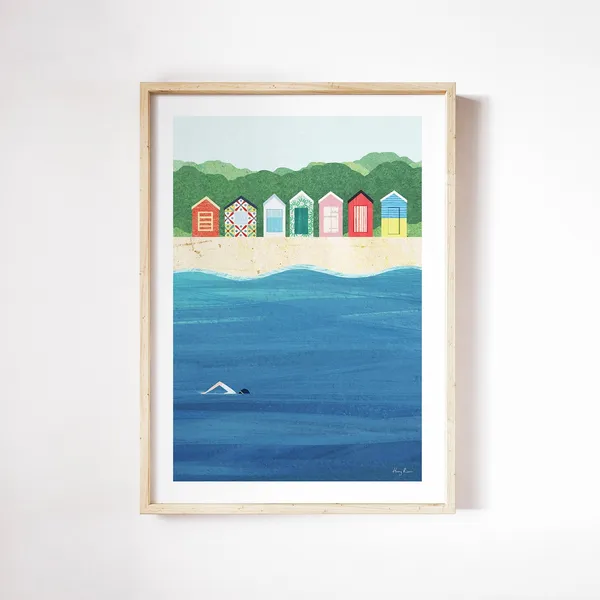 Beach Huts by Henry Rivers, Coastal Art Print