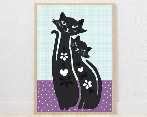Black Cat Retro Cat Art Print