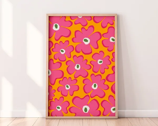 Funky Wavy Flowers Art Print, Yellow Hot Pink Floral
