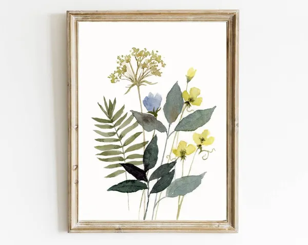 Green Leaves Wildflowers Watercolor Art Print