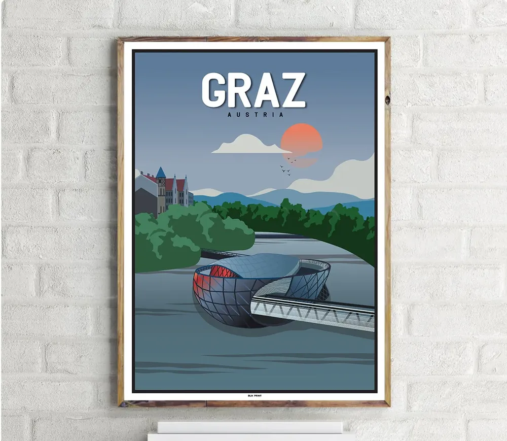 Murinsel Graz Vintage Travel Poster