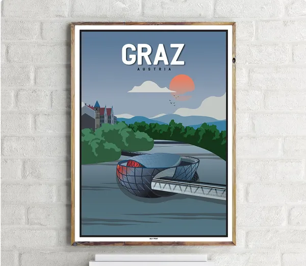 Murinsel Graz Vintage Travel Poster