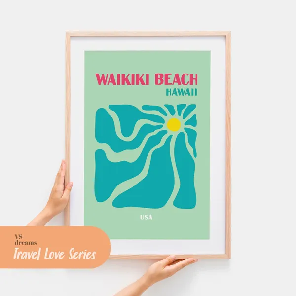 Waikiki Beach Travel Poster, Retro Hawaii Ocean Print