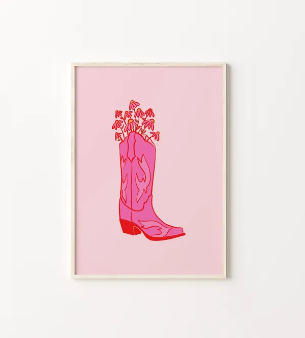 Western Boot Pink Art Print, Boho Wildflowers