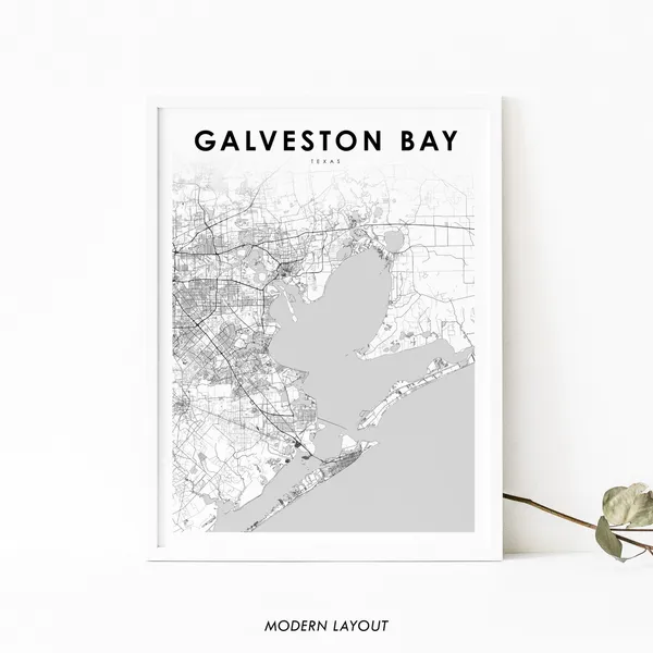 Galveston Bay TX Map Poster, Texas USA Art