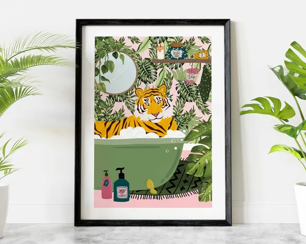Tiger in Bath Botanical Animal Print, Maximalist Art Print