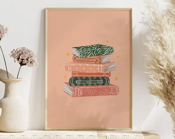 Pink Book Stack Literary Poster, Bookish Art Print