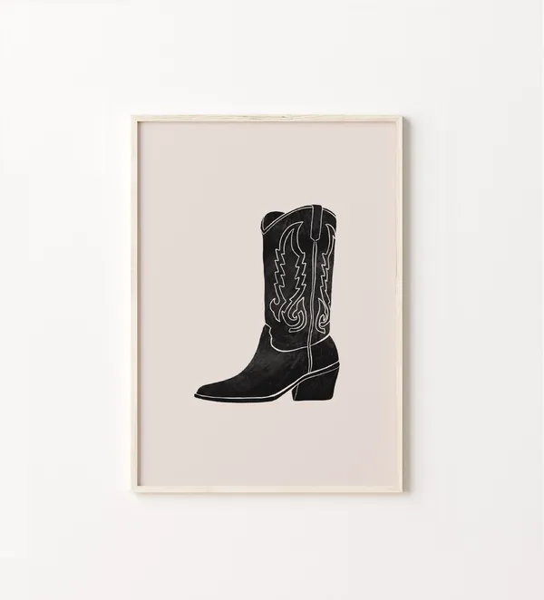 Black Cowboy Boot Boho Western Art Print