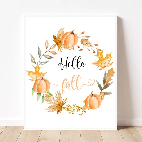 Hello Fall Watercolor Autumn Art Print