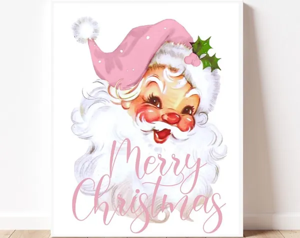 Vintage Santa Print, Pink Christmas Wall Art