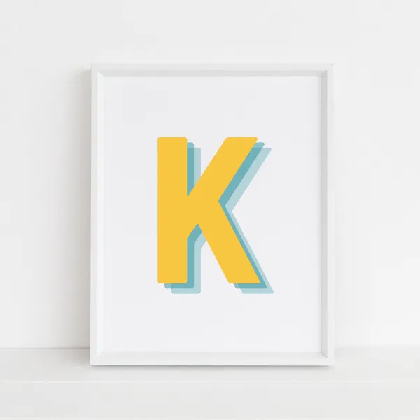 Retro 3D K Letter Art Print, Monogram Print