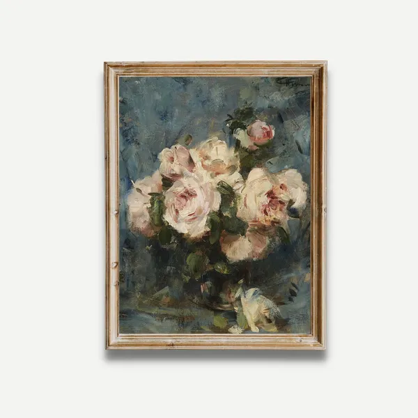 Vintage Roses Still Life, Rustic Oil Painting Print