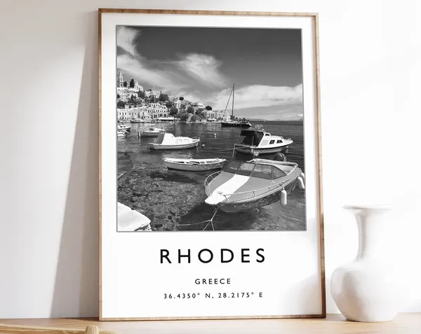 Rhodes Greece Travel Poster, Black and White Art Print