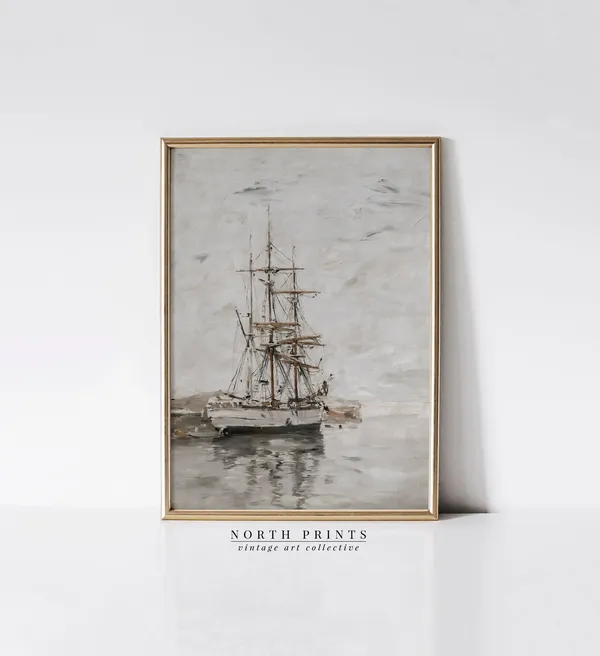 Muted Nautical Ship Oil Painting Vintage Sailboat