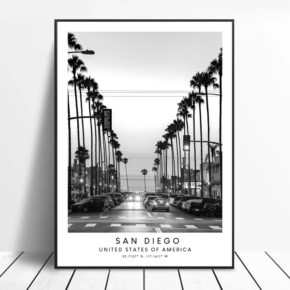 San Diego Minimalist Travel Poster, Black And White