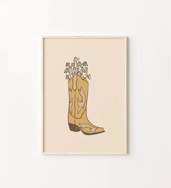 Mustard Cowboy Boot Print, Western Boho Wall Art