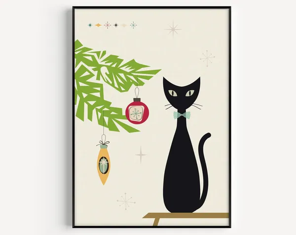 Mid-Century Modern Christmas Cat Art Print