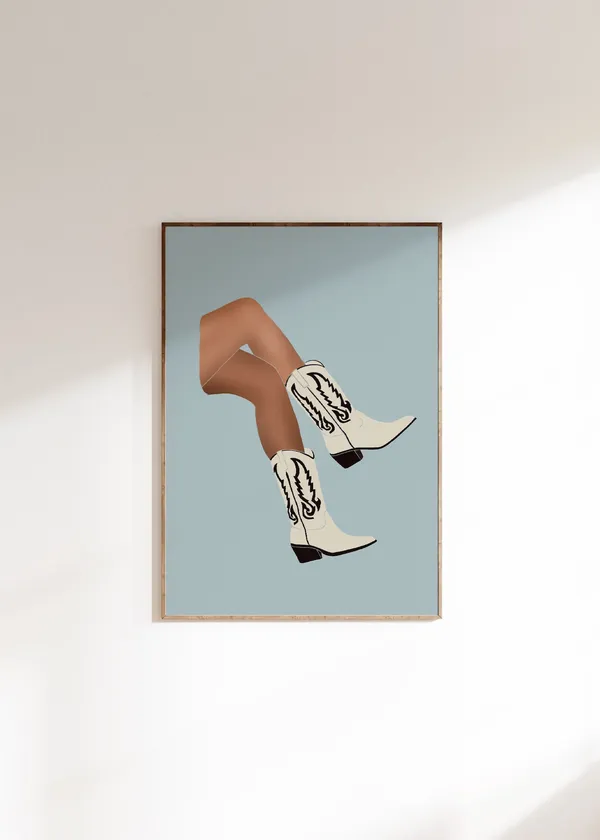 Blue Cowgirl Western Boots Boho Art Print