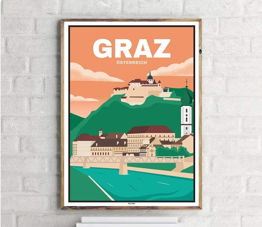 Altstadt Graz Vintage Travel Poster